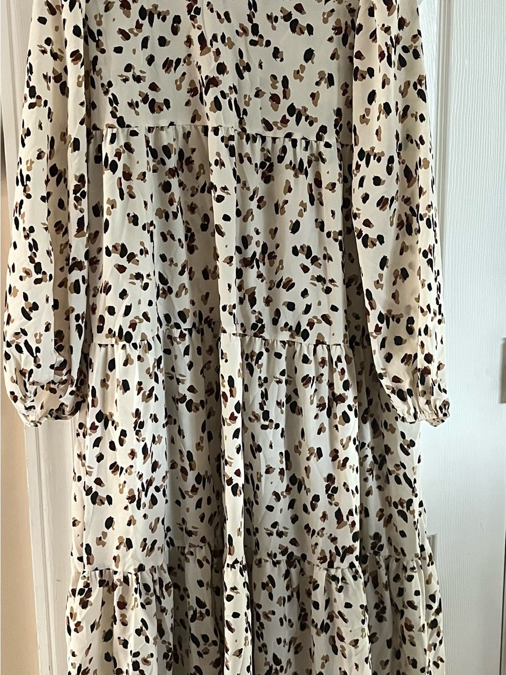 Cream Tiered Long-Sleeve Dress with Brown Spot Print